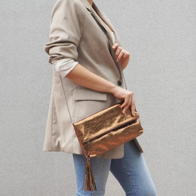 Crackle Metallic Tassel Foldover Clutch - Image 4