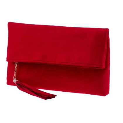Faux Suede Tassel Foldover Clutch