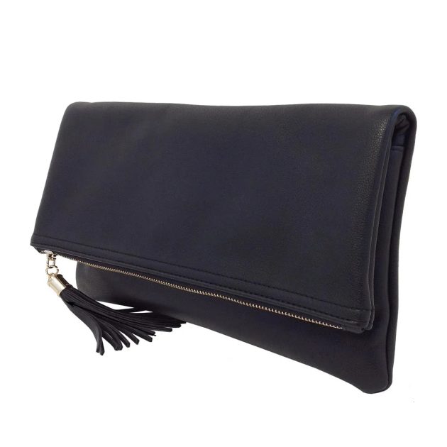Faux leather zip-up tassel clutch